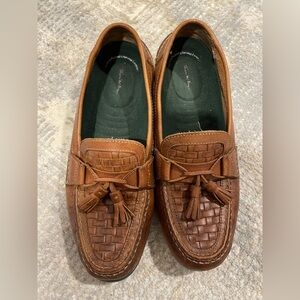 Thom McAn Mens Size 10 1/2 Leather Tasseled Lattice Weave Top Loafer Brown Shoes